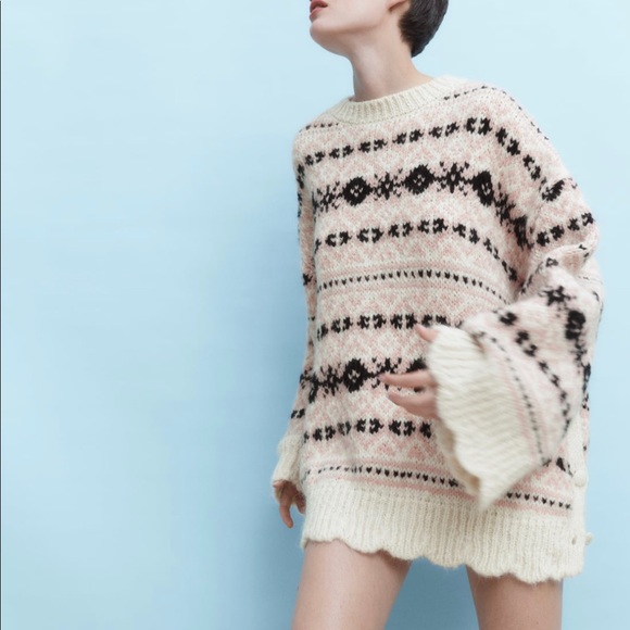 ZARA JACQUARD KNIT SWEATER WITH SIDE VENTS Size M/L - Main Image